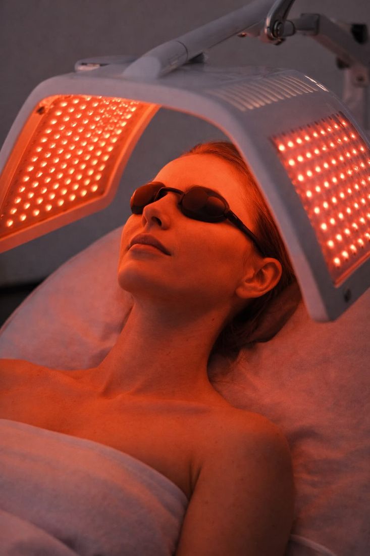 Une cliente sous un panneau de lumière LED rouge, des lunettes de protection sur les yeux.