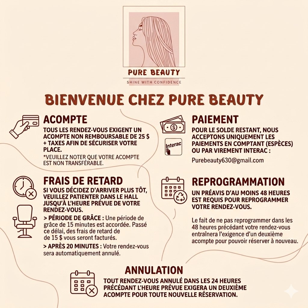Affiche Bienvenue chez Pure Beauty : acompte, paiement, frais de retard, reprogrammation et annulation. Le détail est repris dans le texte ci-contre.